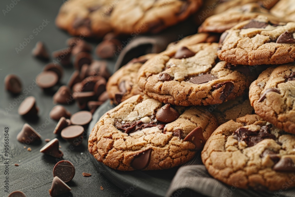 A plate of chocolate chip cookies with chocolate chips scattered around it A plate of chocolate chip cookies with chocolate chips scattered around it