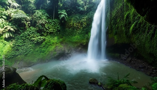 this image is of a waterfall in the middle of a green jungle