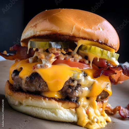 Juicy Cheeseburger with Bacon and Pickles photo