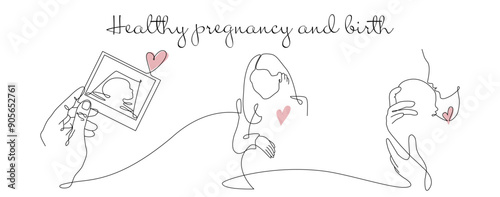 Vector one line art set of stages of halthy pregnancy and birth. One continuous line drawing of hands holding a Fetal ultrasound, pregnancy woman and mother holding a new born baby