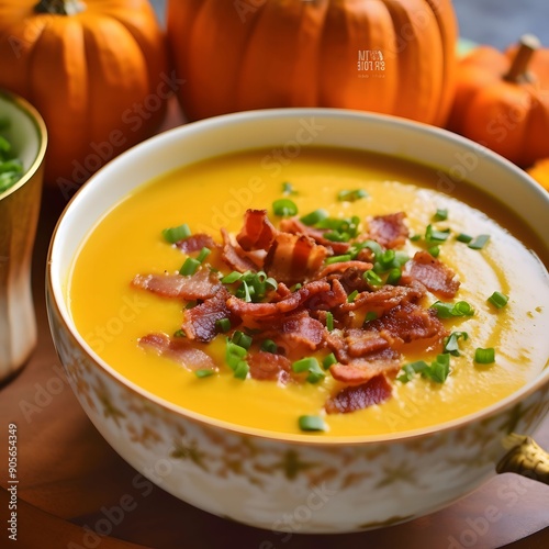 Creamy Pumpkin Soup with Bacon and Chives photo