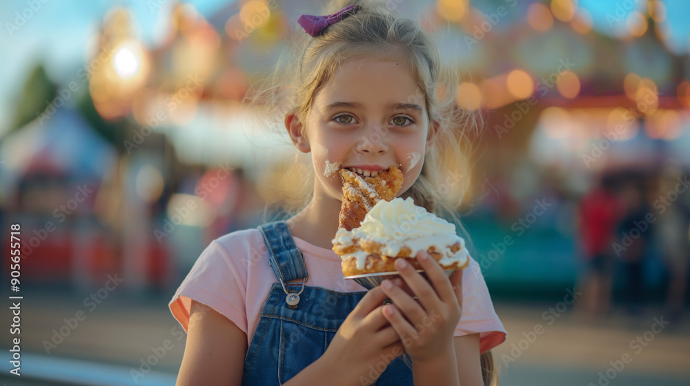 Young girl eats messy county fair dessert