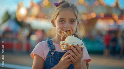 Obraz na płótnie Young girl eats messy county fair dessert w salonie