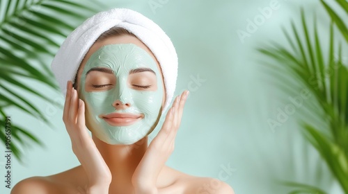 A woman with glowing skin applying a nourishing face mask, highlighting health and beauty. photo