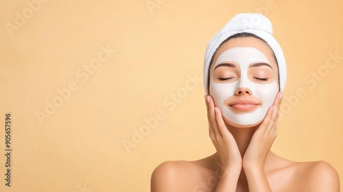 A woman with flawless skin applying a facial mask, glowing with health and beauty.
