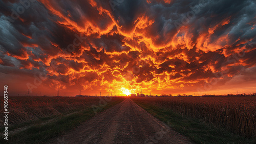 Fiery Sunset over Rural Landscape: Dramatic Sky with Blazing Clouds and Country Road Leading to Horizon in Golden Hour