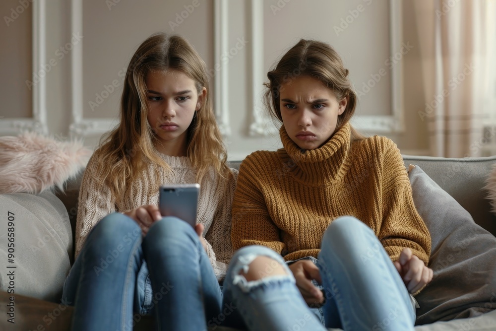 Angry mother showing smartphone to indifferent teenage girl looking at screen, sitting together on sofa at home, Generative AI Angry mother showing smartphone to indifferent teenage girl looking at screen, sitting together on sofa at home, Generative AI