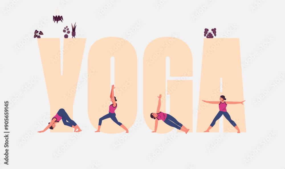 Yoga banner poses. Yoga practice Cartoon Illustration Yoga banner poses. Yoga practice Cartoon Illustration