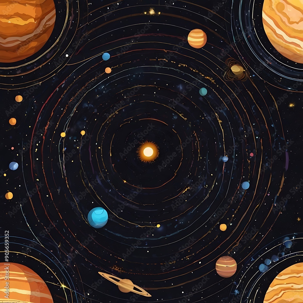 The background is a deep blue with stars and nebulae scattered throughout
The background is a deep blue with stars and nebulae scattered throughout