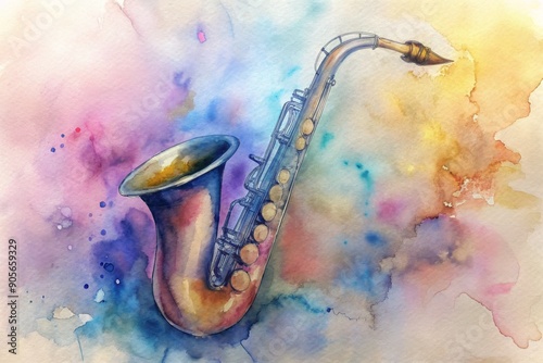 Colorful watercolor saxophone against a soft pastel background in an artistic setting