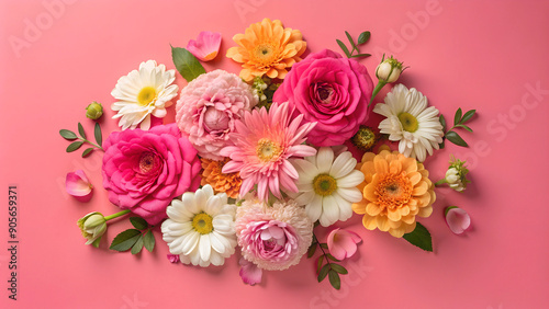 Top view photo of pink and white flower on a paper pink background , romance, date, women's day, with copyspace