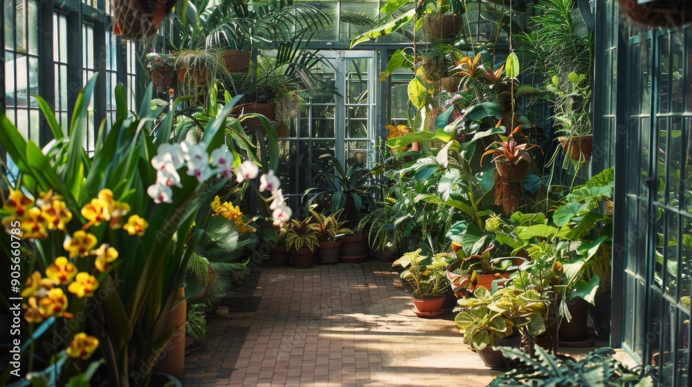 Fototapeta premium A vibrant greenhouse showcases a diverse array of tropical plants and colorful flowers, illuminated by the afternoon sun.