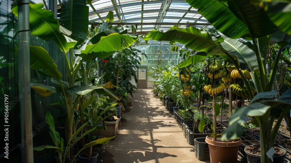 A vibrant pathway lined with various plants, including banana bunches, inside a tropical greenhouse filled with sunlight. A vibrant pathway lined with various plants, including banana bunches, inside a tropical greenhouse filled with sunlight.
