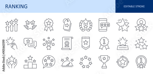 Vector icons ranking. Badge of high quality products, prize in competition, first place. Success in achieving goal, winner. Certificate of quality, approval from customers. Editable stroke line set.