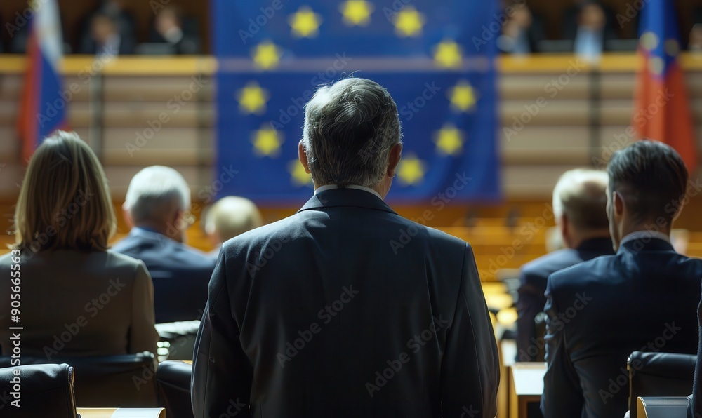 Back view of politicians with European Union flag backdrop. Back view of politicians with European Union flag backdrop.