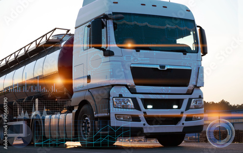 truck delivers cargo on the road using artificial intelligence technologies for traffic safety, unmanned delivery of the future