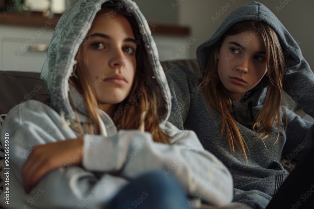 Caring supportive mother comforting depressed upset teenage daughter, unhappy teen girl wearing hood, sitting on sofa at home, Generative AI Caring supportive mother comforting depressed upset teenage daughter, unhappy teen girl wearing hood, sitting on sofa at home, Generative AI