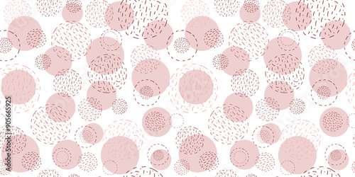 Abstract geometric seamless pattern. Shapes, strokes, spots, circles. Balls of thread. Hobbies, handicrafts. Simple vector texture. Repeating background for wallpaper, packaging, textiles.