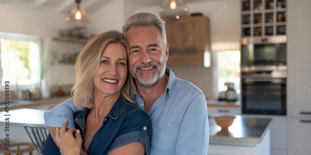A couple is smiling and hugging in a kitchen. The woman is wearing a blue shirt and the man is wearing a blue shirt A couple is smiling and hugging in a kitchen. The woman is wearing a blue shirt and the man is wearing a blue shirt