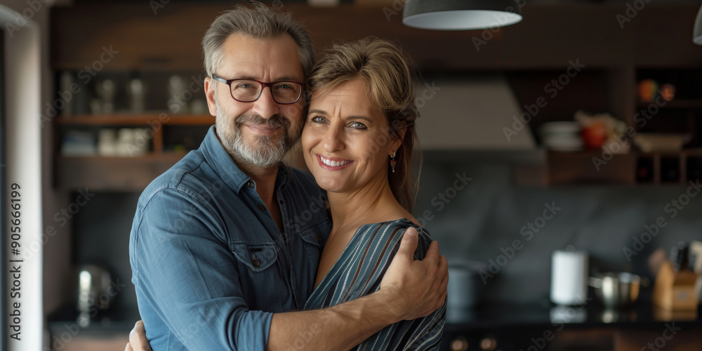 A man and woman are smiling and hugging in a kitchen. Scene is happy and warm A man and woman are smiling and hugging in a kitchen. Scene is happy and warm