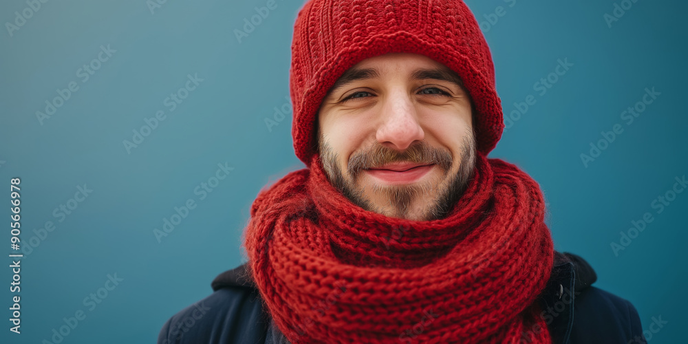 A man wearing a red hat and scarf is smiling. He looks happy and content. Concept of warmth and comfort, as the man is dressed for cold weather and he is enjoying himself A man wearing a red hat and scarf is smiling. He looks happy and content. Concept of warmth and comfort, as the man is dressed for cold weather and he is enjoying himself
