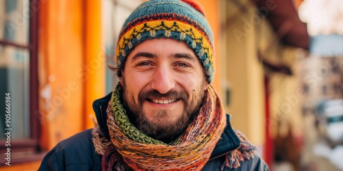 A man wearing a colorful hat and scarf is smiling. He looks happy and content. The hat and scarf are bright and colorful, adding to the cheerful atmosphere of the image