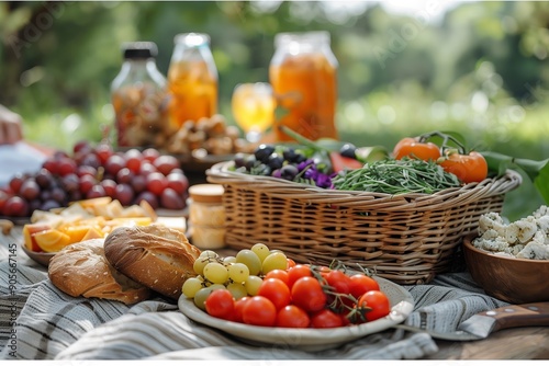 Colorful Spread of Fresh Fruits and Vegetables at a Summer Picnic in the Park