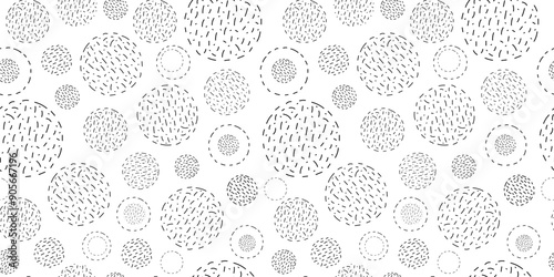 Abstract geometric seamless pattern. Shapes, strokes, spots, circles. Balls of thread. Hobbies, handicrafts. Simple vector texture. Repeating background for wallpaper, packaging, textiles.