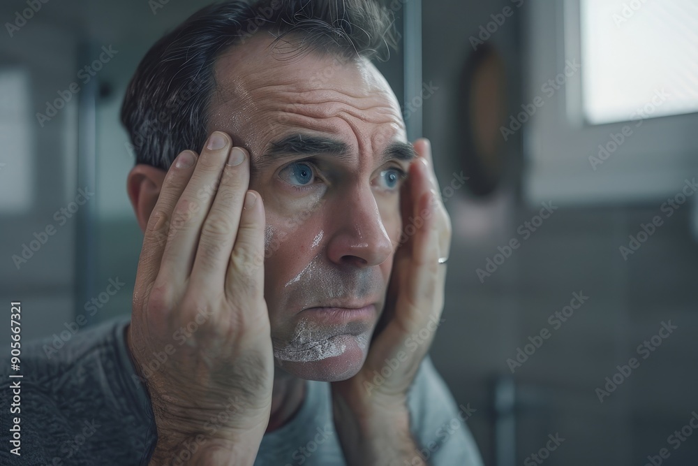 Dull skin. Middle aged man looking at mirror in bathroom and touching face, having dark circles under eyes, unhappy with his look, Generative AI Dull skin. Middle aged man looking at mirror in bathroom and touching face, having dark circles under eyes, unhappy with his look, Generative AI