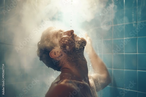 Man taking shower standing under steaming water washing body and relaxing in bathroom, leaning on wall. Everyday hygiene for men concept, Generative AI