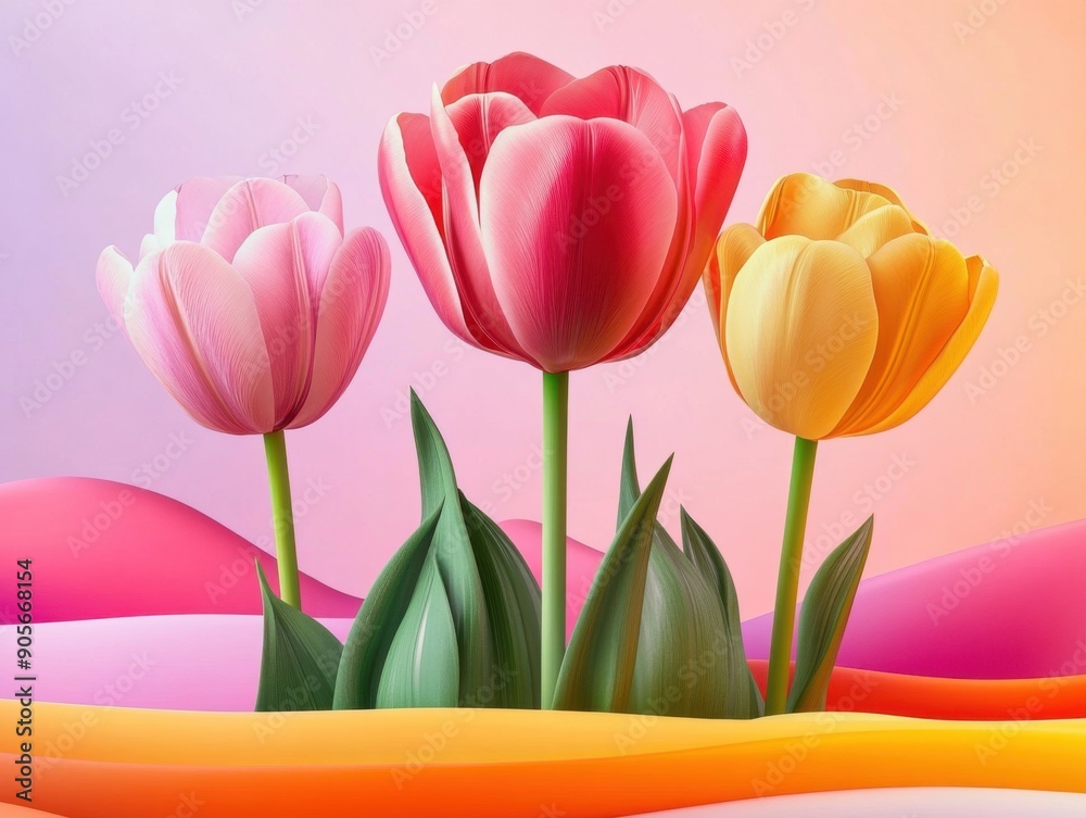 Fototapeta premium Colorful tulips blooming against a soft gradient background in spring