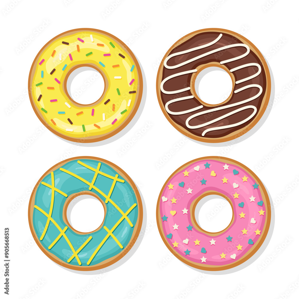 Fototapeta premium Top view of donuts with glaze and glossy icing. Set sweet doughnuts. Birthday pastry. Confectionery dessert isolated on white background. Flat cartoon design. Vector illustration.