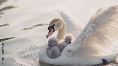 Fototapeta Naklejka Na Ścianę i Meble -  An adult swan tenderly embraces its baby cygnet, showcasing a beautiful and serene moment in nature, symbolizing love and protection. Copy space.