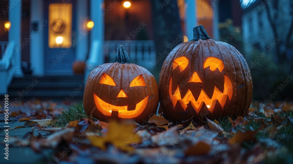 Two jack-o'-lanterns with glowing faces sit on an autumn leaf-covered lawn in front of a house, radiating a spooky and festive Halloween atmosphere during the night. Two jack-o'-lanterns with glowing faces sit on an autumn leaf-covered lawn in front of a house, radiating a spooky and festive Halloween atmosphere during the night.