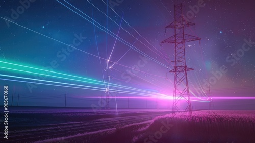 Night Field with Power Lines and Neon Lights
