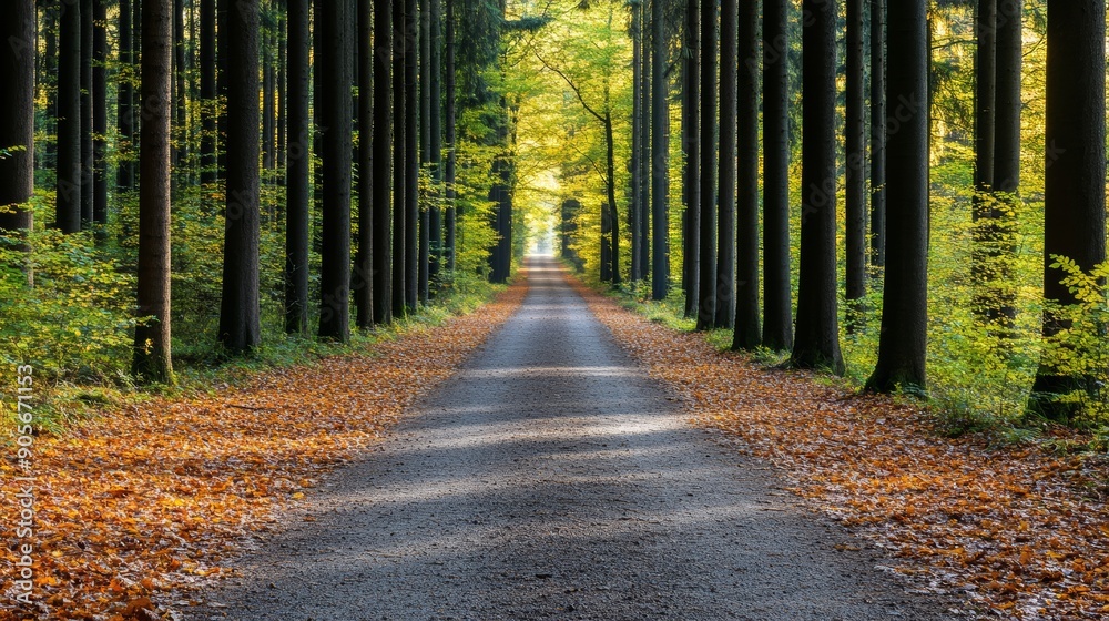 Obraz premium A peaceful forest path with fallen leaves, tall trees, and a soft morning light, ultra HD