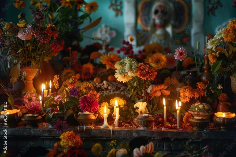 Fototapeta premium An Altar Decorated with Flowers and Candles for D?a de Muertos