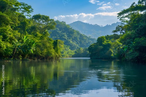 Tranquil River Amidst Lush Forests Reflecting Sky: A Serene Natural Landscape of Pure Wilderness