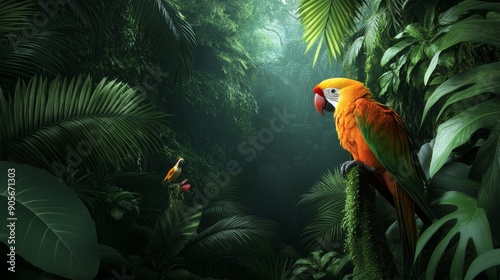 A dense rainforest with towering trees, thick vines, and exotic birds perched on branches, ultra HD, photo