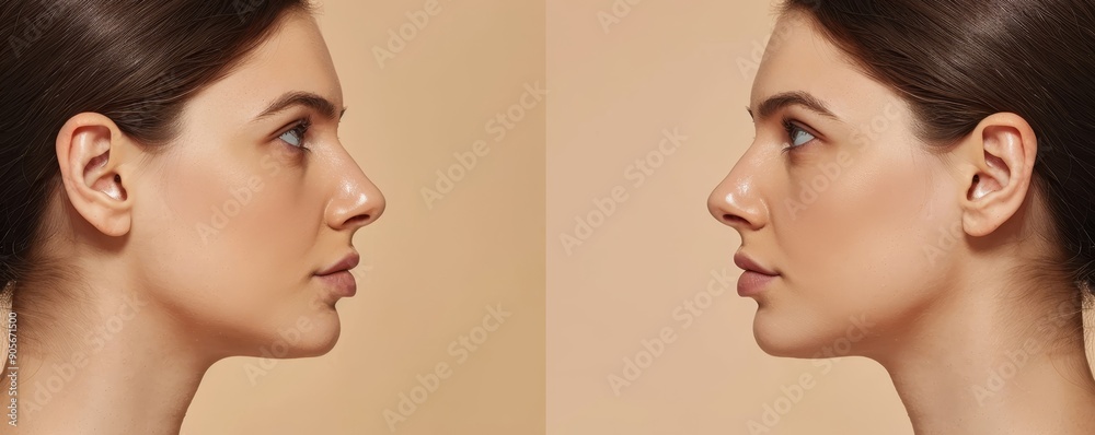 Comparison of young female nose after plastic surgery. woman standing on beige background. Before and after rhinoplasty, Generative AI Comparison of young female nose after plastic surgery. woman standing on beige background. Before and after rhinoplasty, Generative AI