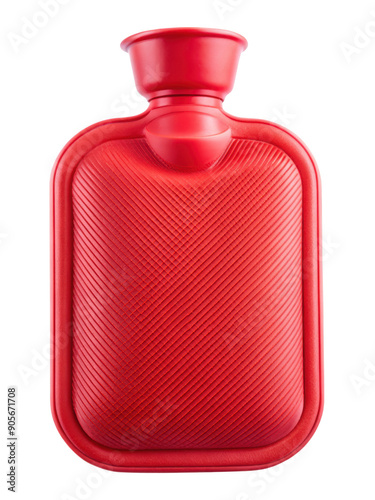 Red Rubber Hot Water Bottle with a textured surface in a vertical position for improved heat distribution and comfort. Isolated on transparent background, png.