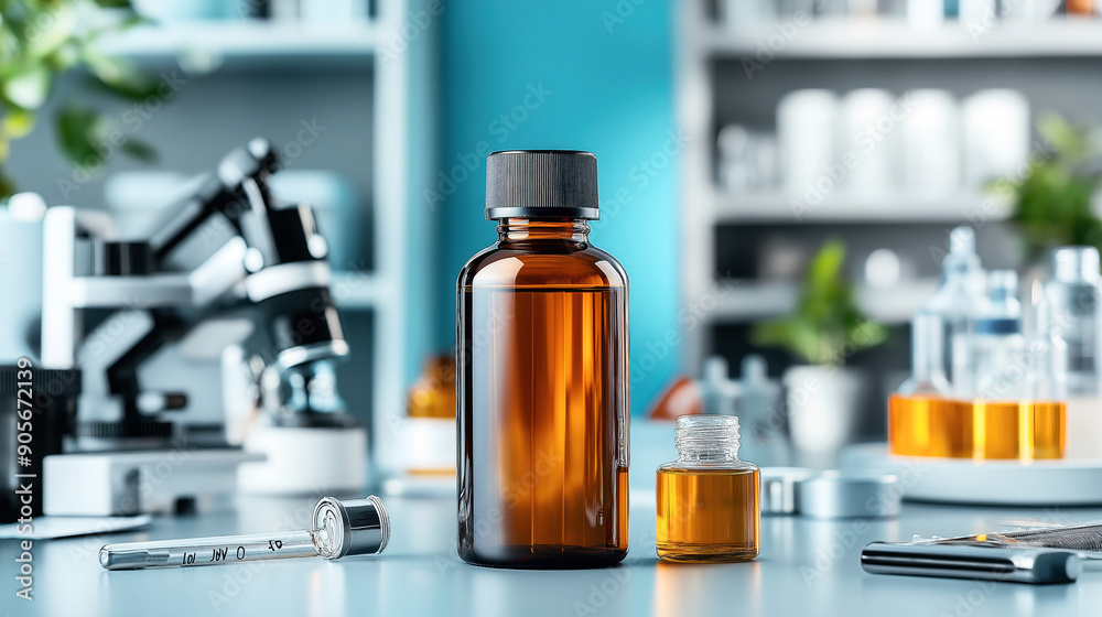 Laboratory setup with brown glass bottles, a pipette, and a microscope on a table, with shelves and equipment in the background. Laboratory setup with brown glass bottles, a pipette, and a microscope on a table, with shelves and equipment in the background.