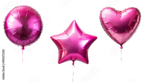 Foil pink 3d birthday metallic helium balloons of different shapes on PNG transparent background. Heart, star and round ball shapes holidays and party decoration concept.