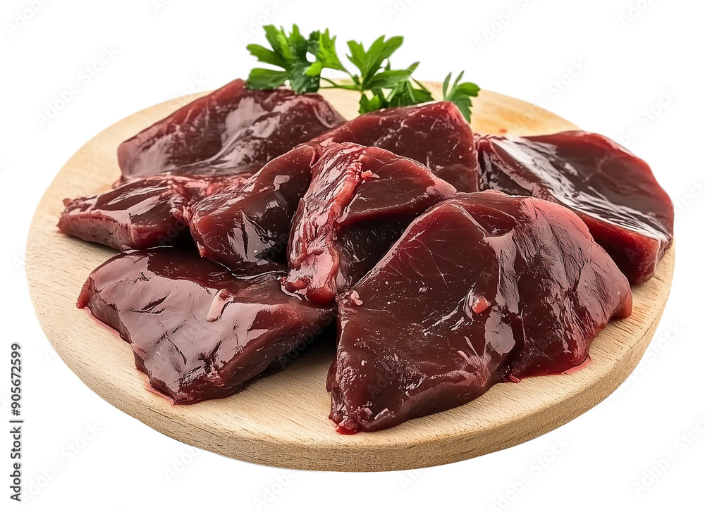 Bife de fígado cru fatiado em uma tábua de corte redonda, isoladas em fundo transparente. Bife de fígado cru fatiado em uma tábua de corte redonda, isoladas em fundo transparente.