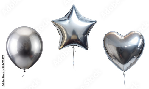 Helium Foil Silver 3d birthday metallic balloons of different shapes on PNG transparent background. Heart, star and round ball shapes holidays and party decoration concept.