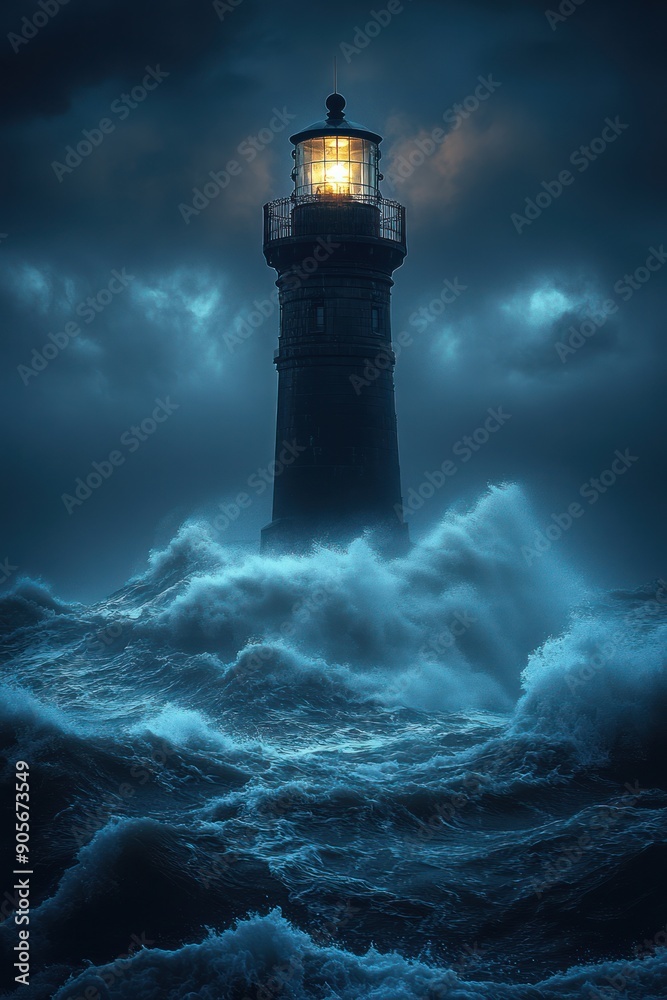 Stormy Lighthouse in Rough Seas - A lighthouse stands resilient against towering waves and dark clouds during a stormy night, providing guidance with its beacon light. Stormy Lighthouse in Rough Seas - A lighthouse stands resilient against towering waves and dark clouds during a stormy night, providing guidance with its beacon light.
