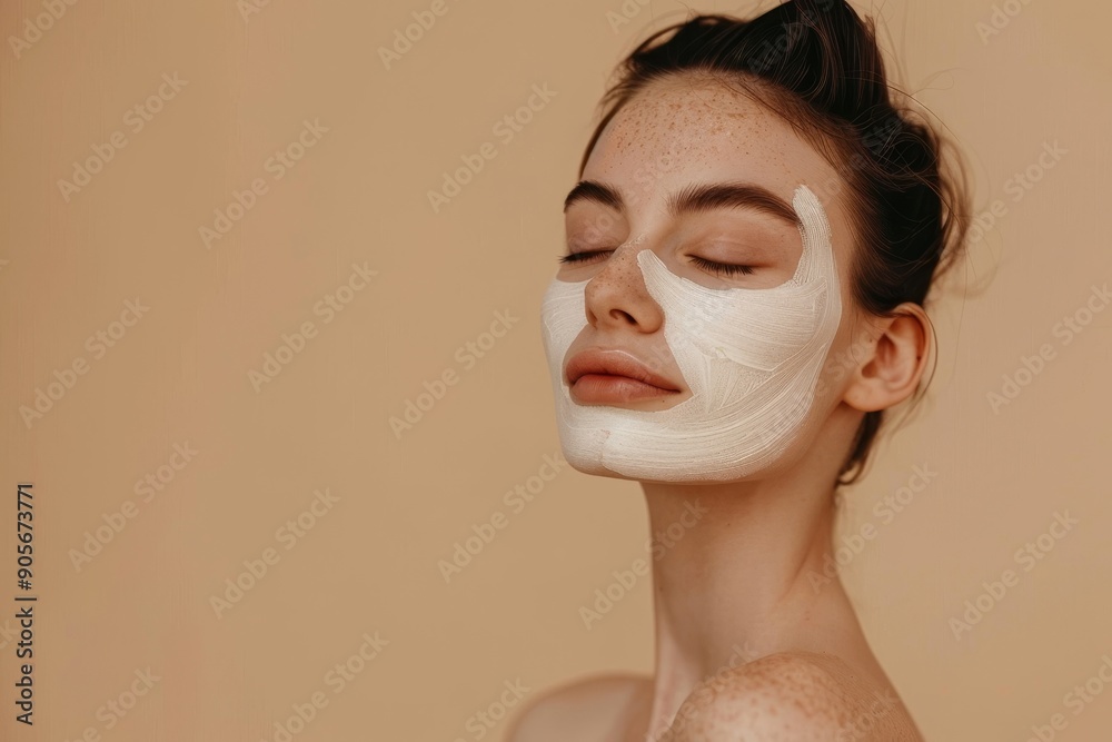 Face skin care. European woman posing with facial mask, cleaning skin, lady standing with closed eyes over beige background, Generative AI Face skin care. European woman posing with facial mask, cleaning skin, lady standing with closed eyes over beige background, Generative AI