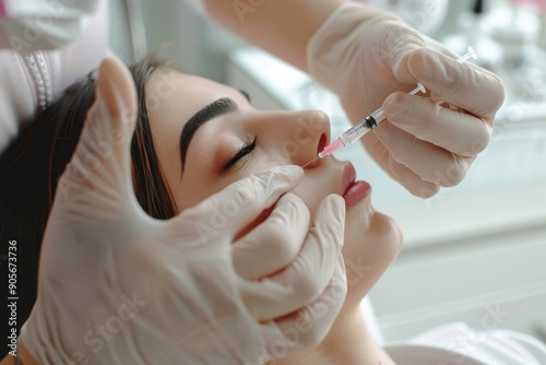 Beauty anti-wrinkle procedure. Beautiful young woman receiving hyaluronic acid injection, beautician holding syringe near female eyes, Generative AI