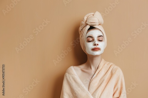 Face skin care. European woman posing with facial mask, cleaning skin, lady standing with closed eyes over beige background, Generative AI