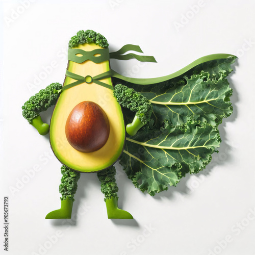 Avocado Superhero persona figure, green fruit veggie vegan lifestyle, ketogenic dieters, illustration wallpaper background photo